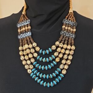 Multilayered Boho Unique Brown and Blue Beaded Necklace